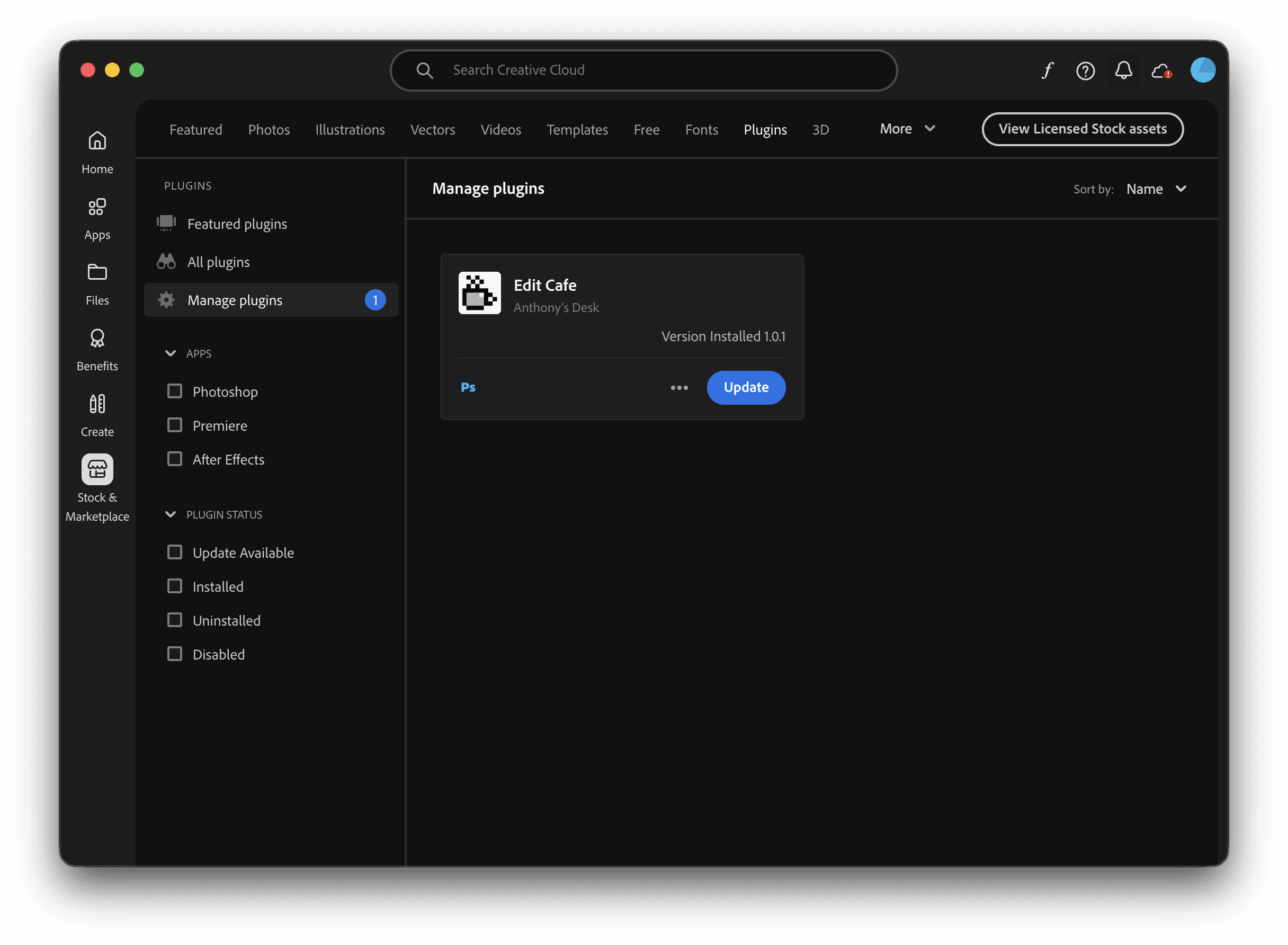 Creative Cloud desktop app showing Edit Cafe under Manage plugins with a blue Update button.